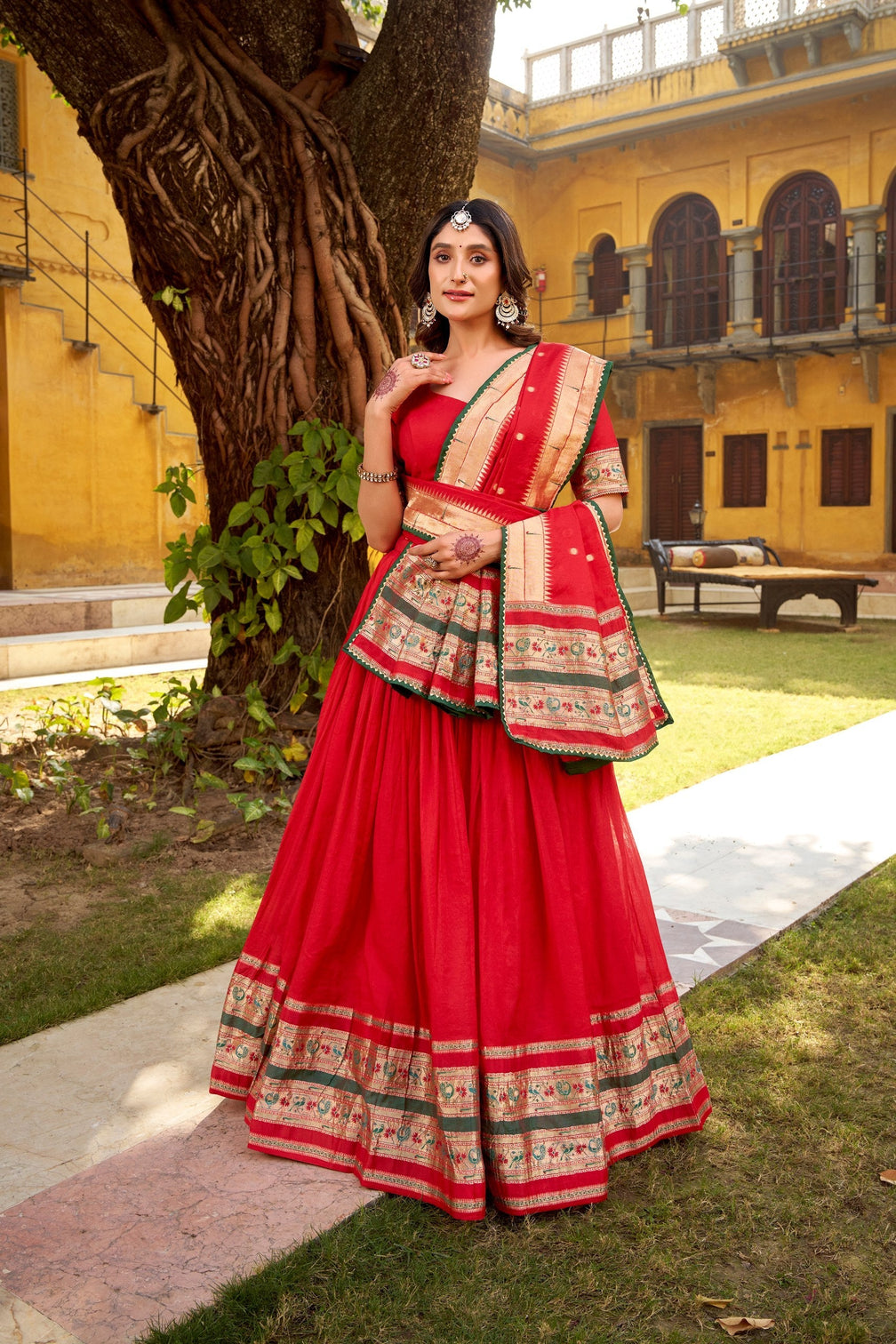 Red Pure Chanderi Zari Weaving Lehenga Choli Set with Gotta Patti Detailing & Matching Dupatta – 4-Meter Flair Fully Stitched Ethnic Wear