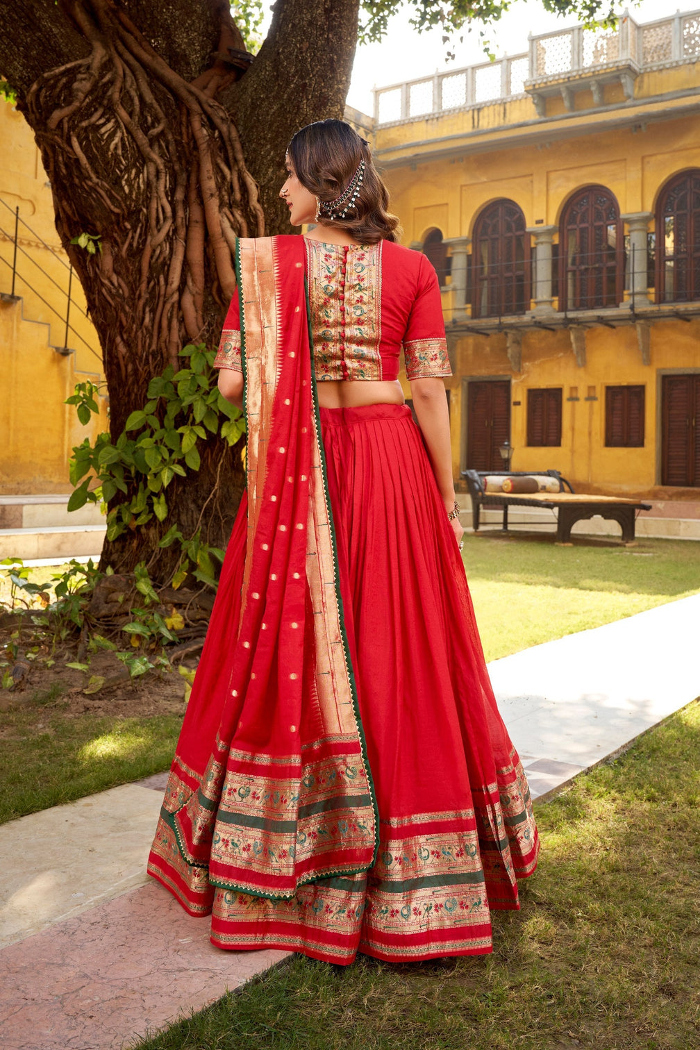 Red Pure Chanderi Zari Weaving Lehenga Choli Set with Gotta Patti Detailing & Matching Dupatta – 4-Meter Flair Fully Stitched Ethnic Wear