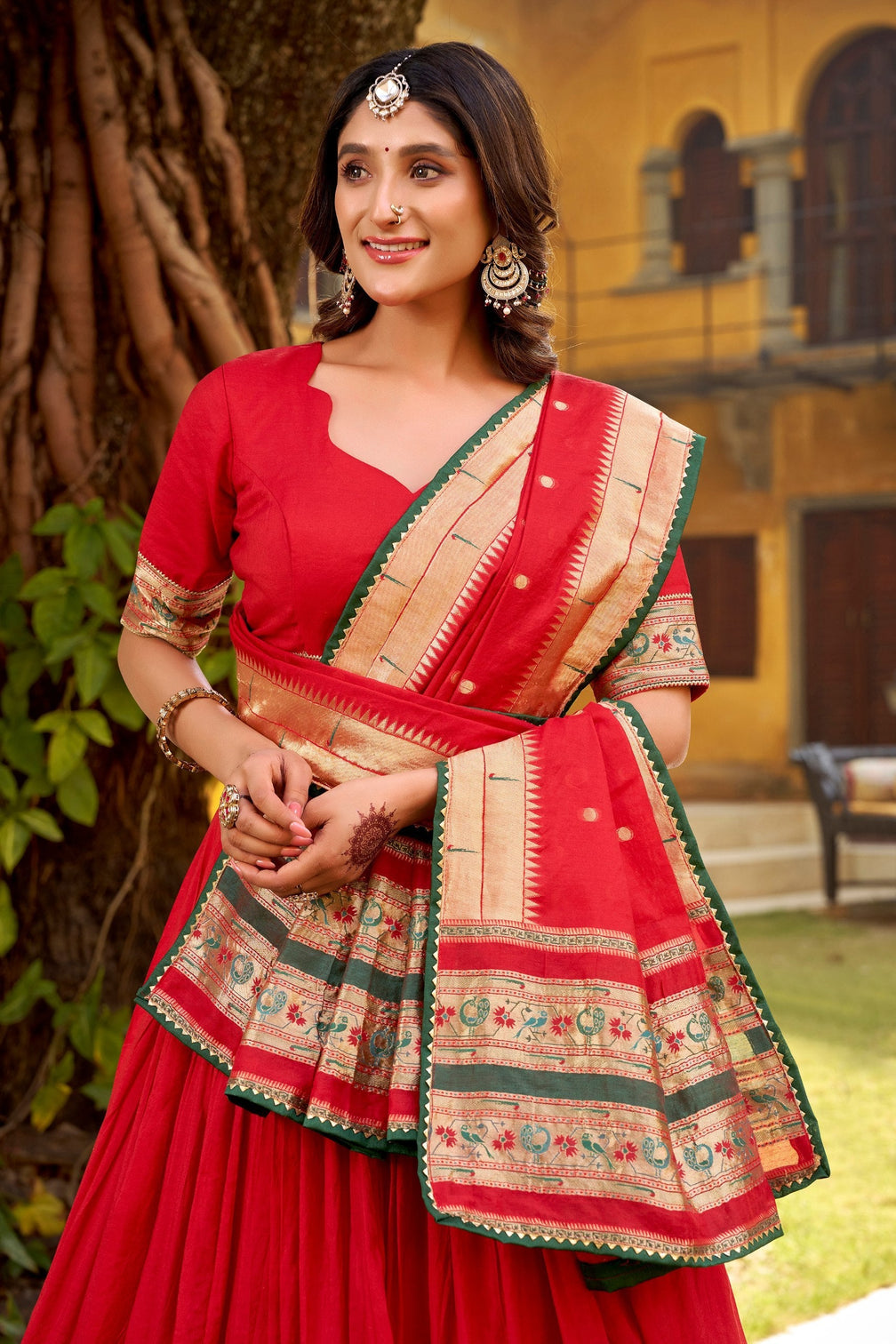 Red Pure Chanderi Zari Weaving Lehenga Choli Set with Gotta Patti Detailing & Matching Dupatta – 4-Meter Flair Fully Stitched Ethnic Wear