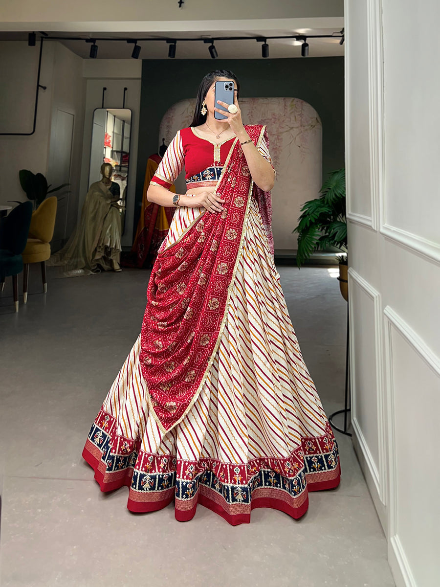 Red Pure Cotton Lehenga Choli Set with Laheriya Print