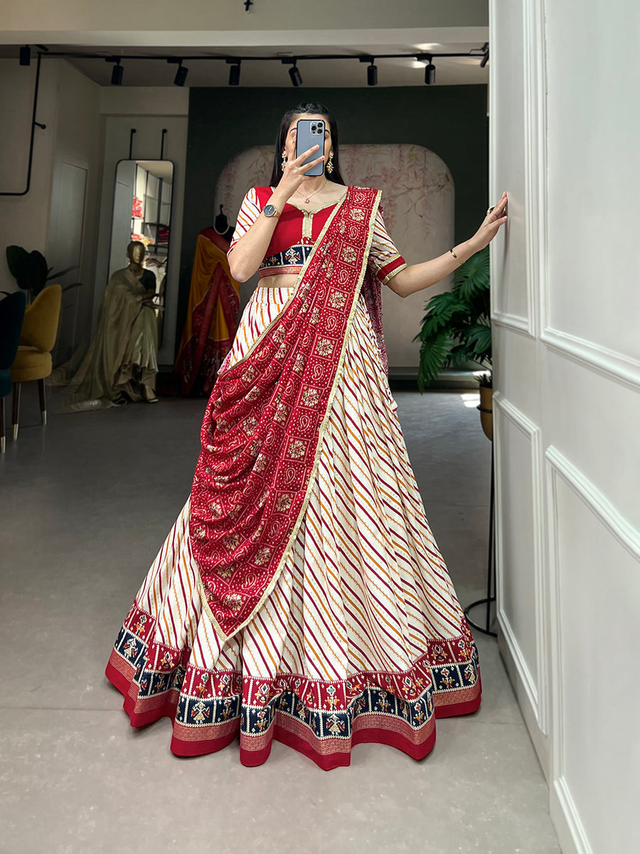 Red Pure Cotton Lehenga Choli Set with Laheriya Print