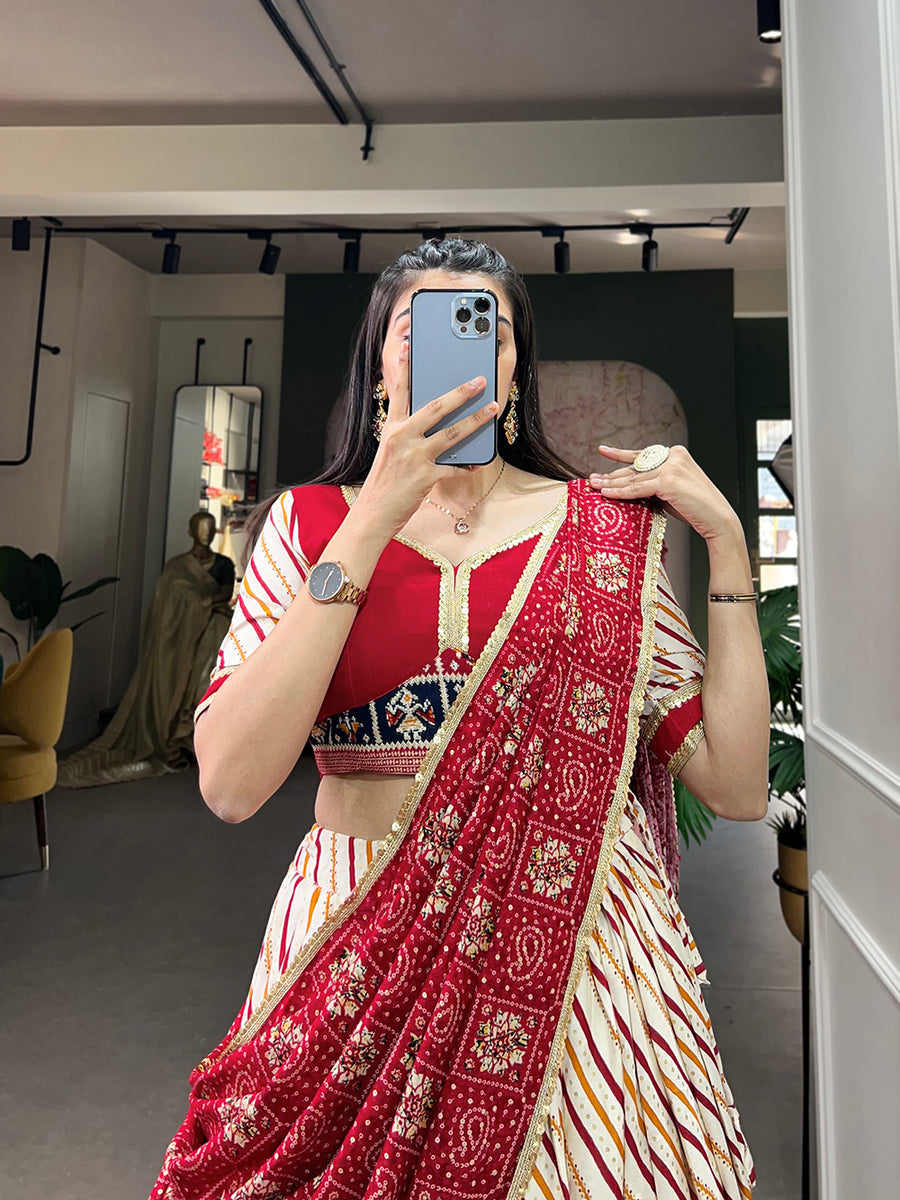 Red Pure Cotton Lehenga Choli Set with Laheriya Print