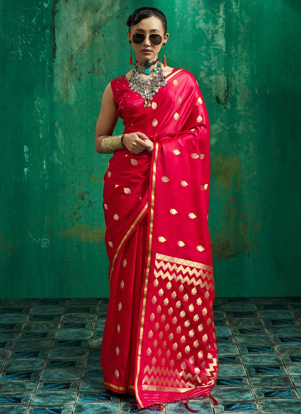 Red pure satin handloom saree in contemporary style