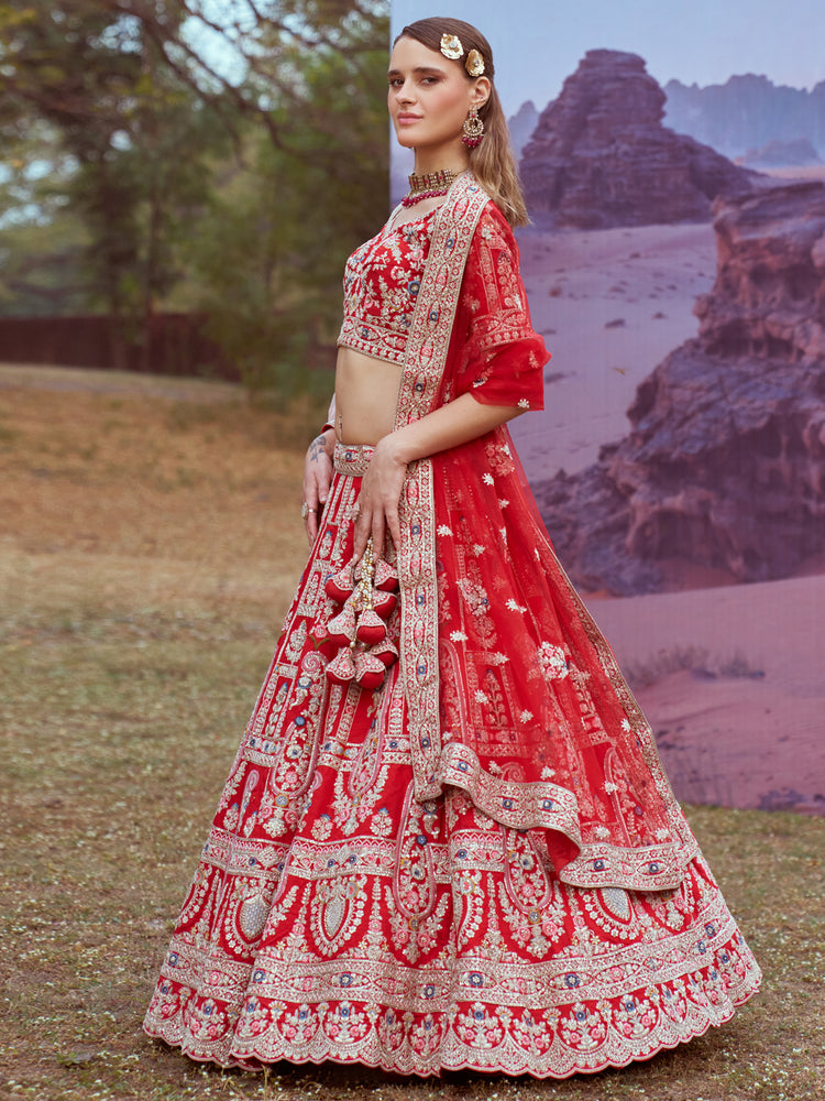 Red Pure silk Moti, Sequins embroidery Semi-Stitched Bridel Lehenga choli & Dupatta