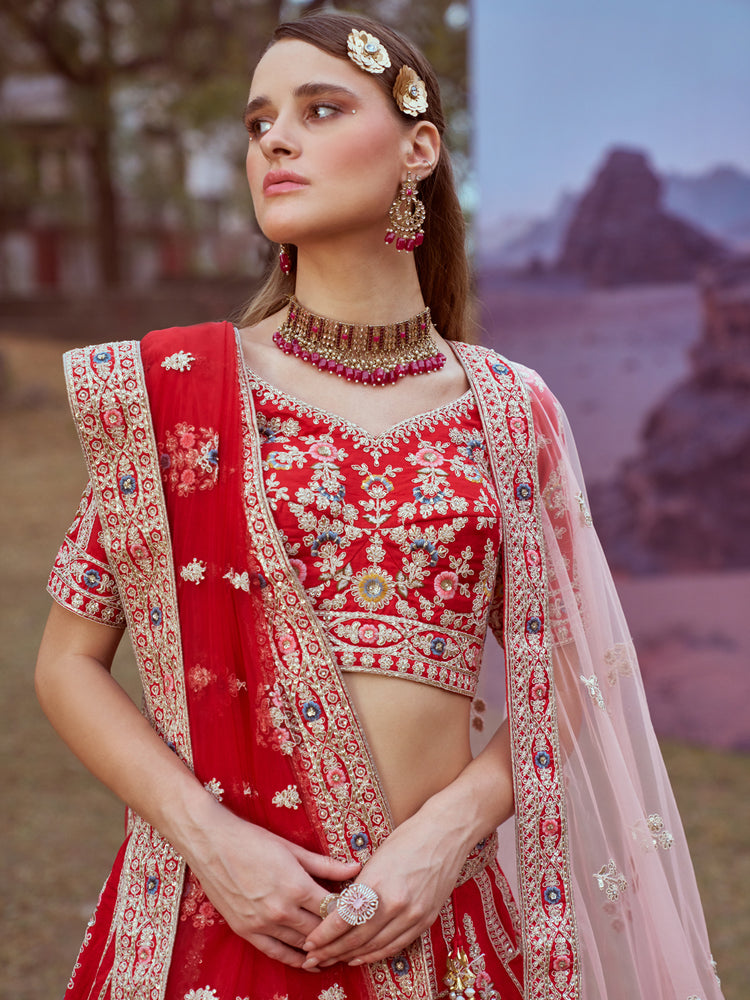 Red Pure silk Moti, Sequins embroidery Semi-Stitched Bridel Lehenga choli & Dupatta