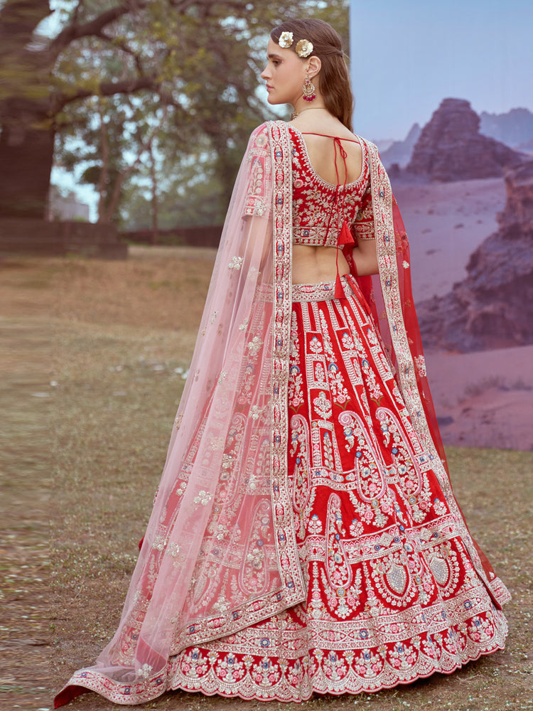 Red Pure silk Moti, Sequins embroidery Semi-Stitched Bridel Lehenga choli & Dupatta