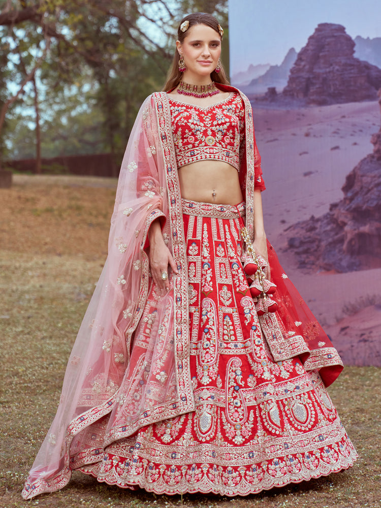 Red Pure silk Moti, Sequins embroidery Semi-Stitched Bridel Lehenga choli & Dupatta