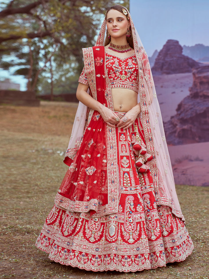 Red Pure silk Moti, Sequins embroidery Semi-Stitched Bridel Lehenga choli & Dupatta