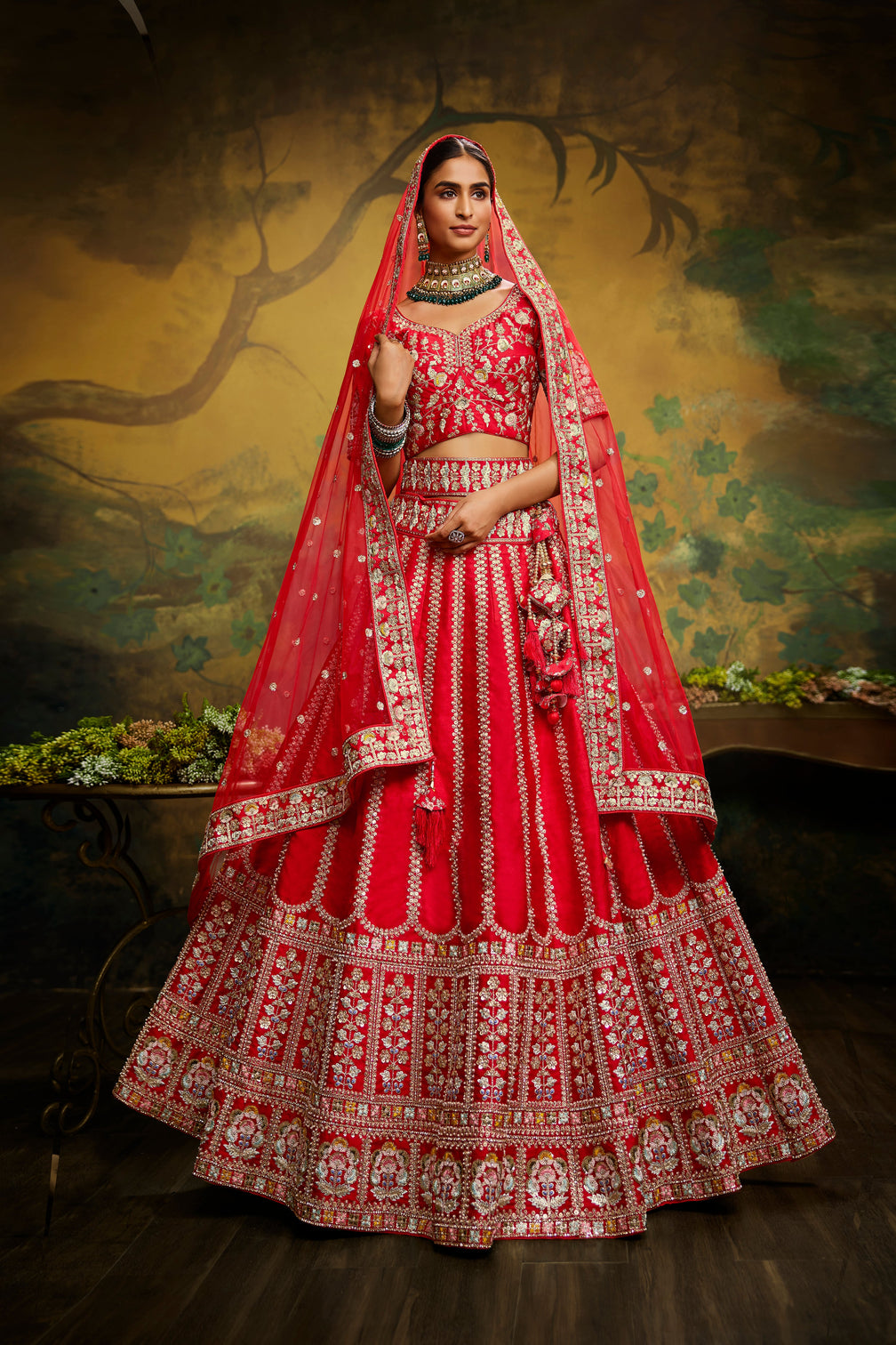 Red Pure Silk Moti & Zarkan heavy embroidery Semi-Stitched Lehenga choli & Dupatta