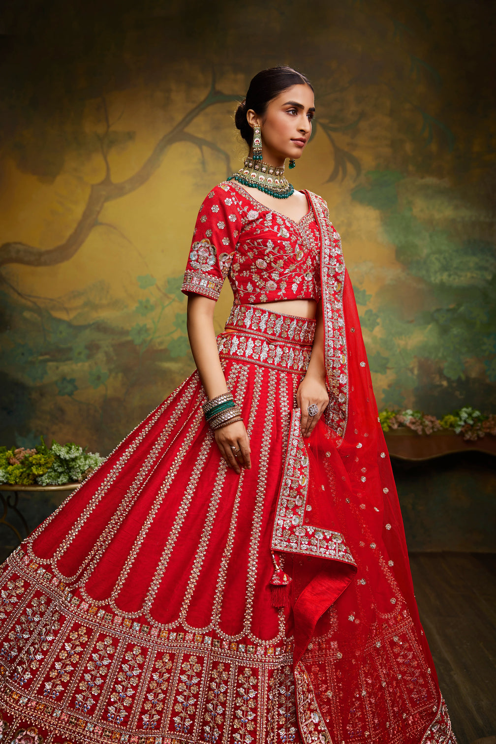 Red Pure Silk Moti & Zarkan heavy embroidery Semi-Stitched Lehenga choli & Dupatta