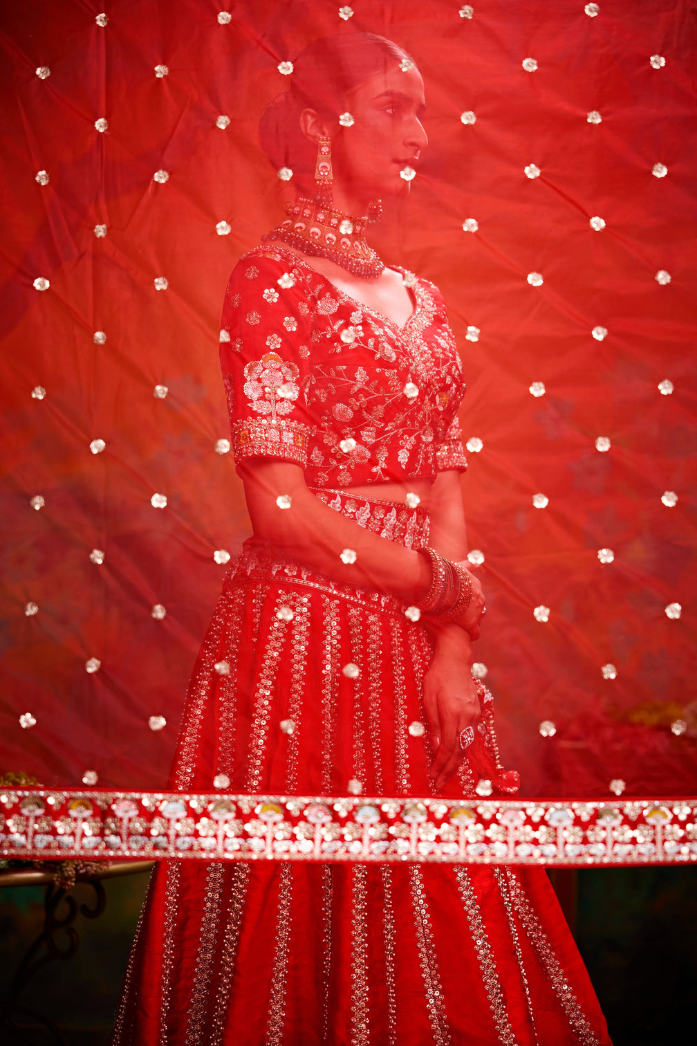 Red Pure Silk Moti & Zarkan heavy embroidery Semi-Stitched Lehenga choli & Dupatta