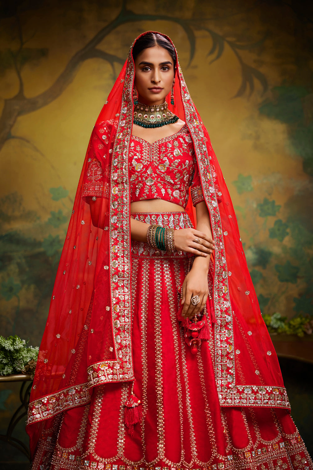 Red Pure Silk Moti & Zarkan heavy embroidery Semi-Stitched Lehenga choli & Dupatta