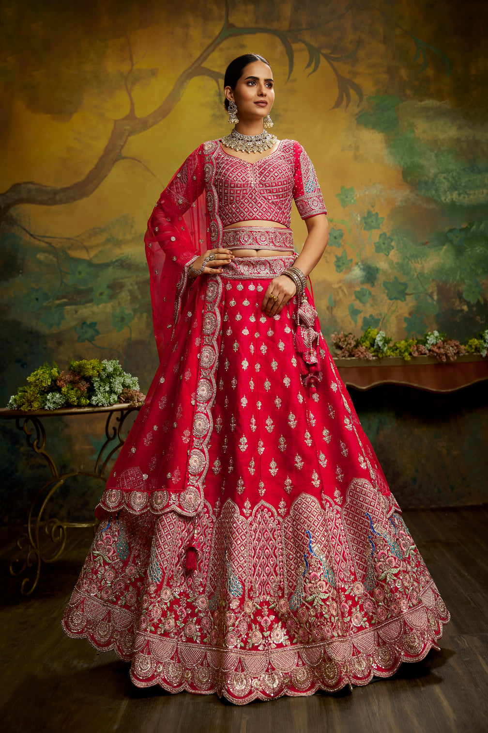 Red Pure Silk Moti & Zarkan heavy embroidery Semi-Stitched Lehenga choli & Dupatta