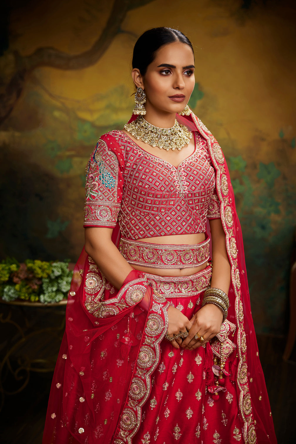 Red Pure Silk Moti & Zarkan heavy embroidery Semi-Stitched Lehenga choli & Dupatta