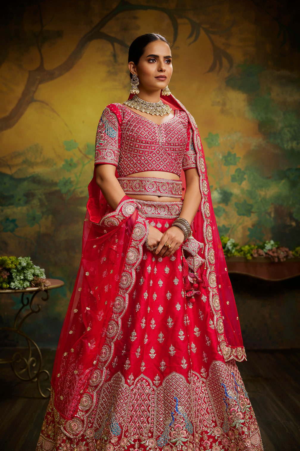 Red Pure Silk Moti & Zarkan heavy embroidery Semi-Stitched Lehenga choli & Dupatta