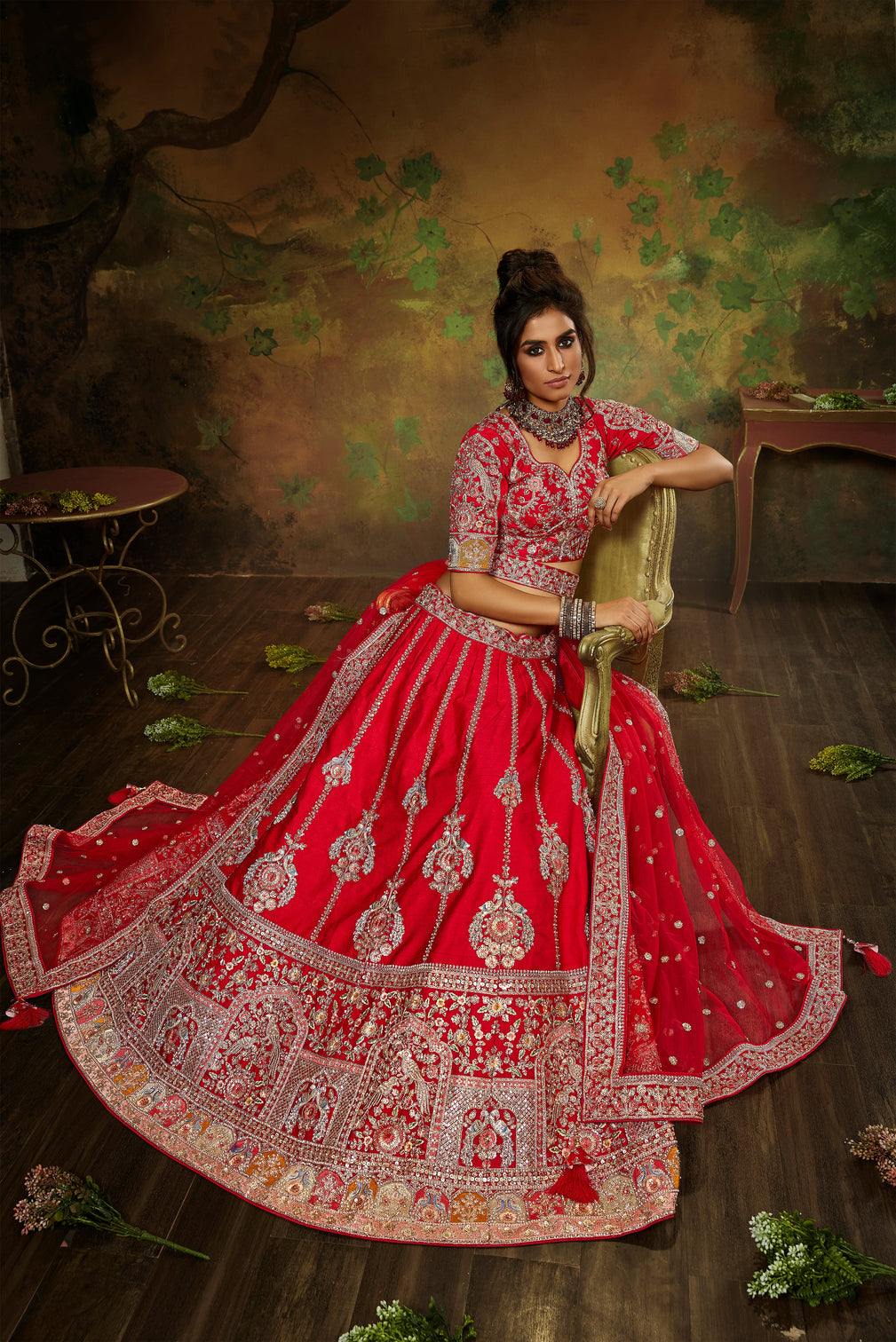 Red Pure Silk Moti & Zarkan heavy embroidery Semi-Stitched Lehenga choli & Dupatta