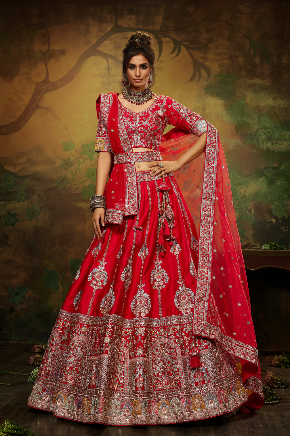 Red Pure Silk Moti & Zarkan heavy embroidery Semi-Stitched Lehenga choli & Dupatta