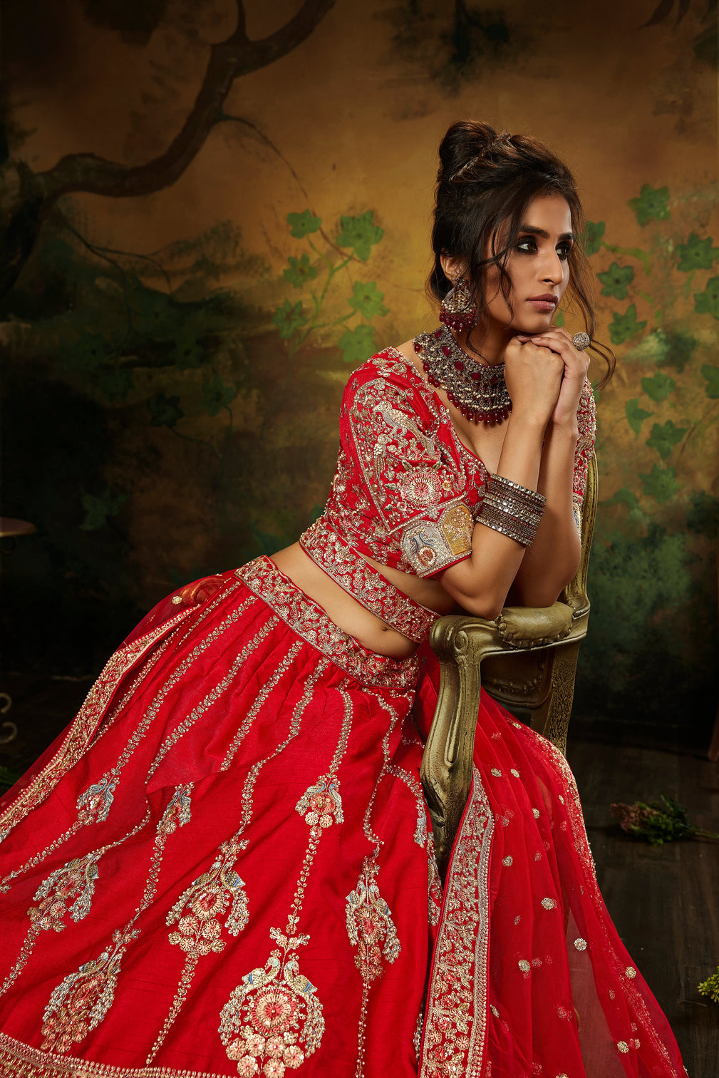 Red Pure Silk Moti & Zarkan heavy embroidery Semi-Stitched Lehenga choli & Dupatta