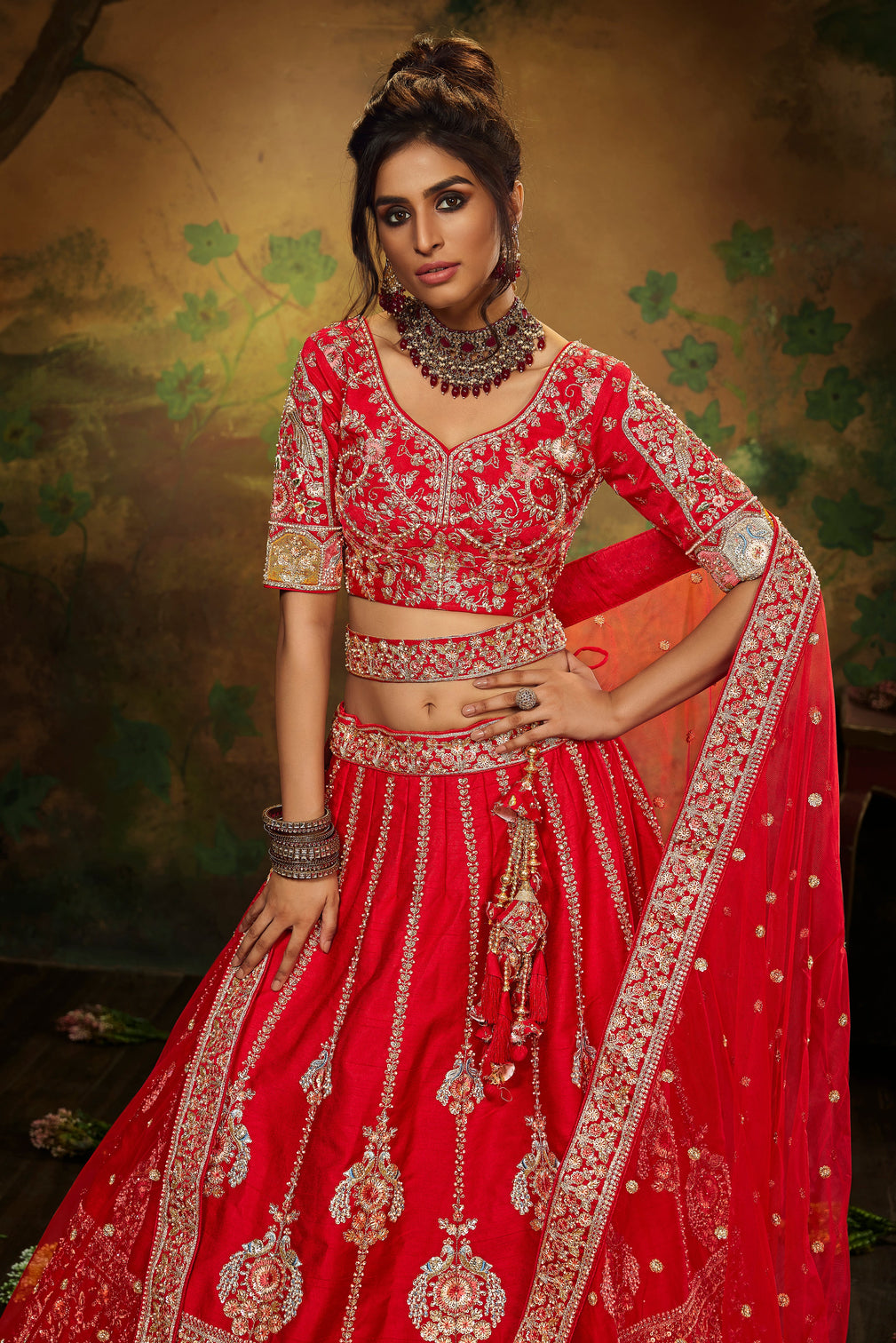 Red Pure Silk Moti & Zarkan heavy embroidery Semi-Stitched Lehenga choli & Dupatta