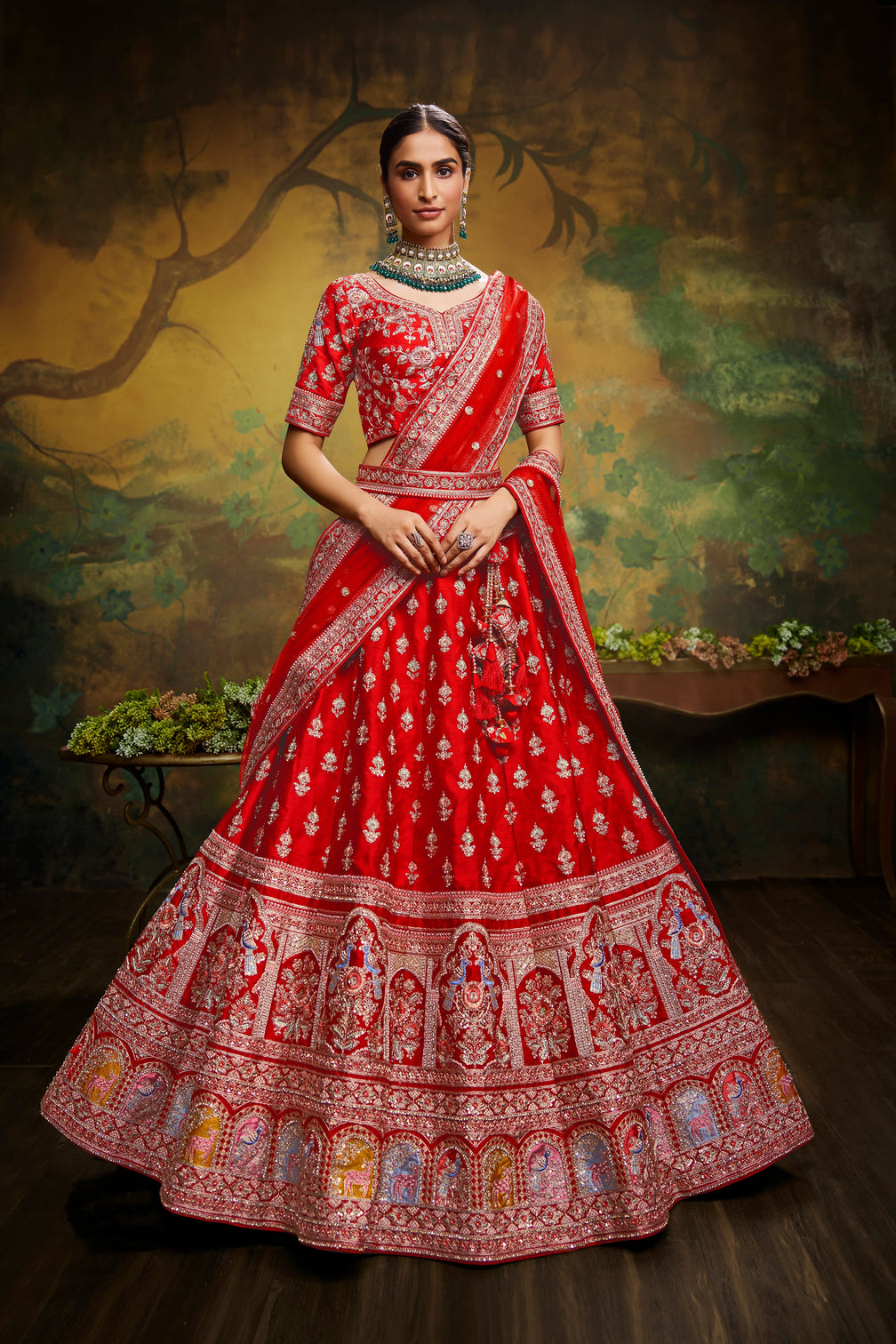 Red Pure Silk Moti & Zarkan heavy embroidery Semi-Stitched Lehenga choli & Dupatta