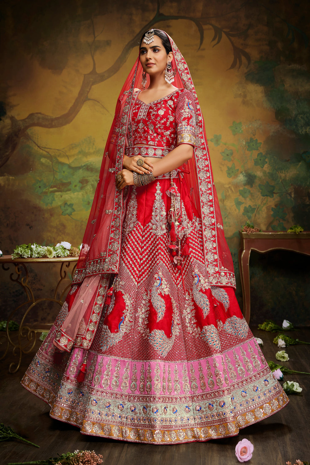 Red Pure Silk Moti & Zarkan heavy embroidery Semi-Stitched Lehenga choli & Dupatta
