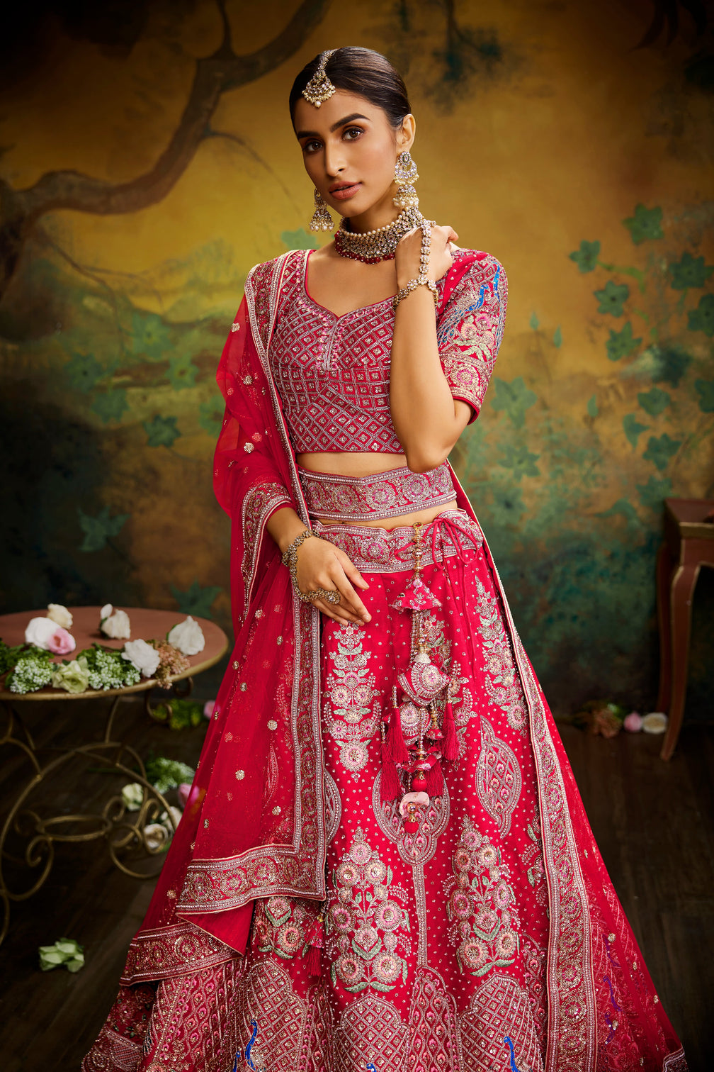 Red Pure Silk Moti & Zarkan heavy embroidery Semi-Stitched Lehenga choli & Dupatta