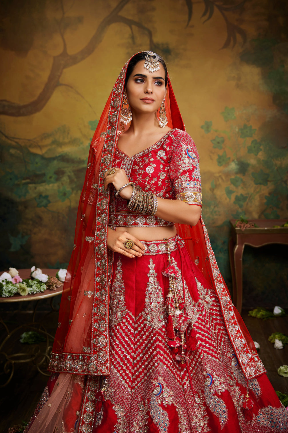 Red Pure Silk Moti & Zarkan heavy embroidery Semi-Stitched Lehenga choli & Dupatta