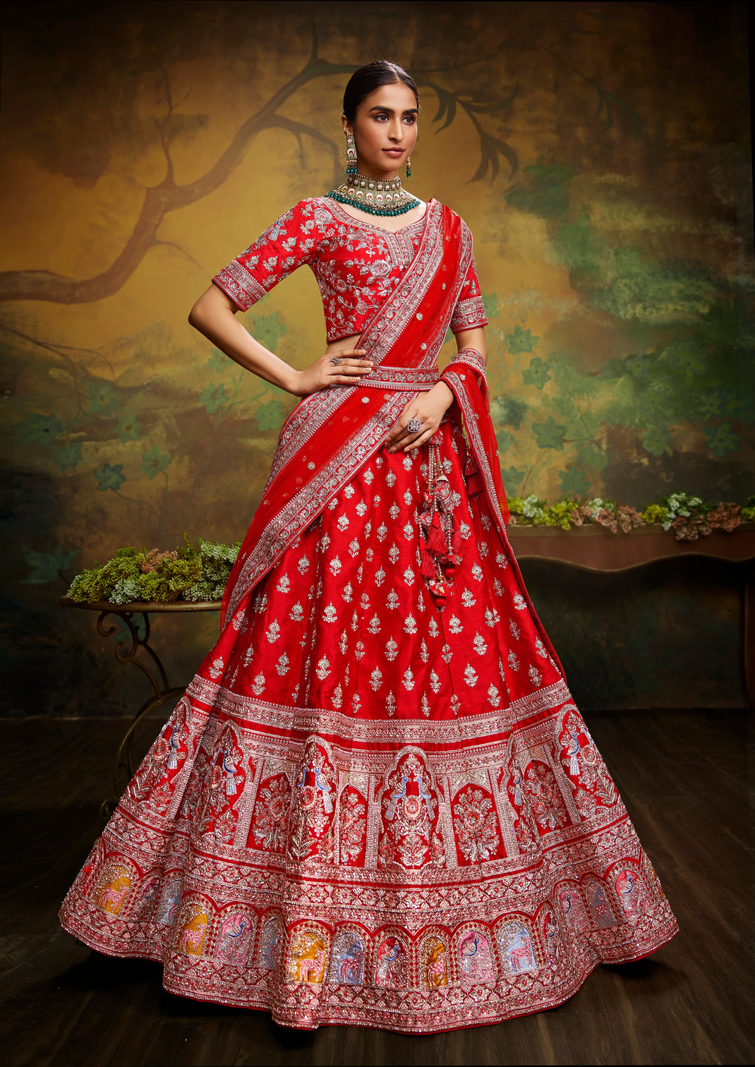 Red Pure Silk Moti & Zarkan heavy embroidery Semi-Stitched Lehenga choli & Dupatta