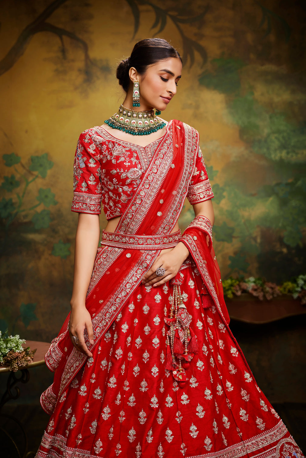 Red Pure Silk Moti & Zarkan heavy embroidery Semi-Stitched Lehenga choli & Dupatta