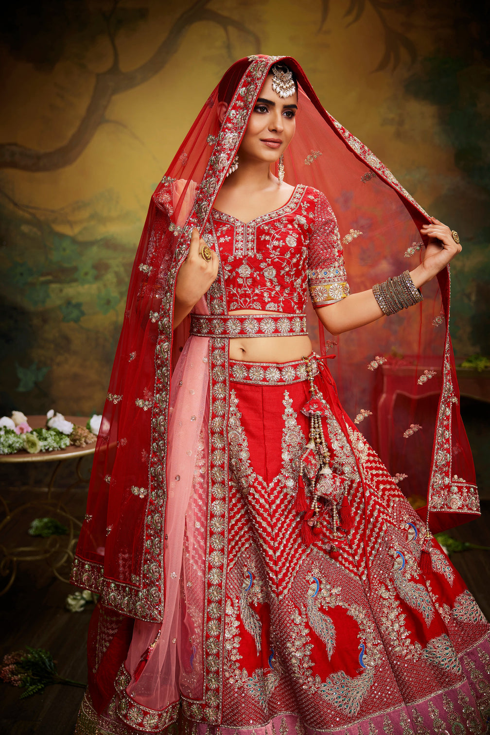 Red Pure Silk Moti & Zarkan heavy embroidery Semi-Stitched Lehenga choli & Dupatta