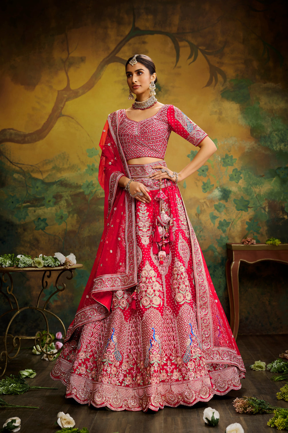 Red Pure Silk Moti & Zarkan heavy embroidery Semi-Stitched Lehenga choli & Dupatta