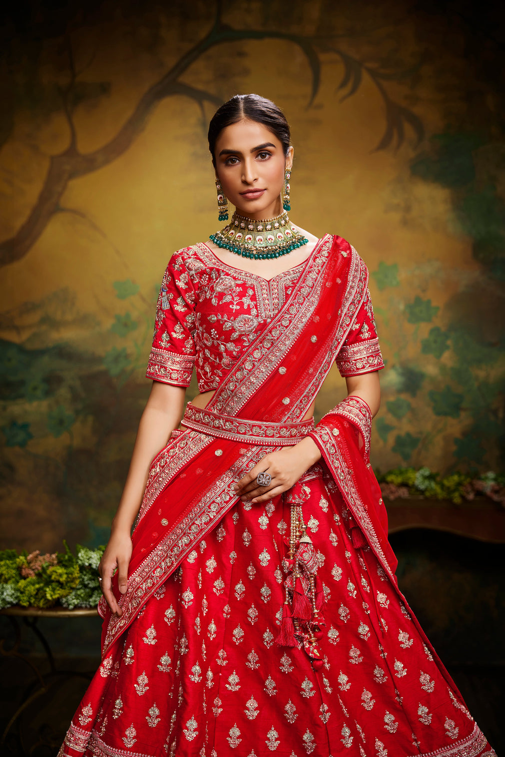 Red Pure Silk Moti & Zarkan heavy embroidery Semi-Stitched Lehenga choli & Dupatta