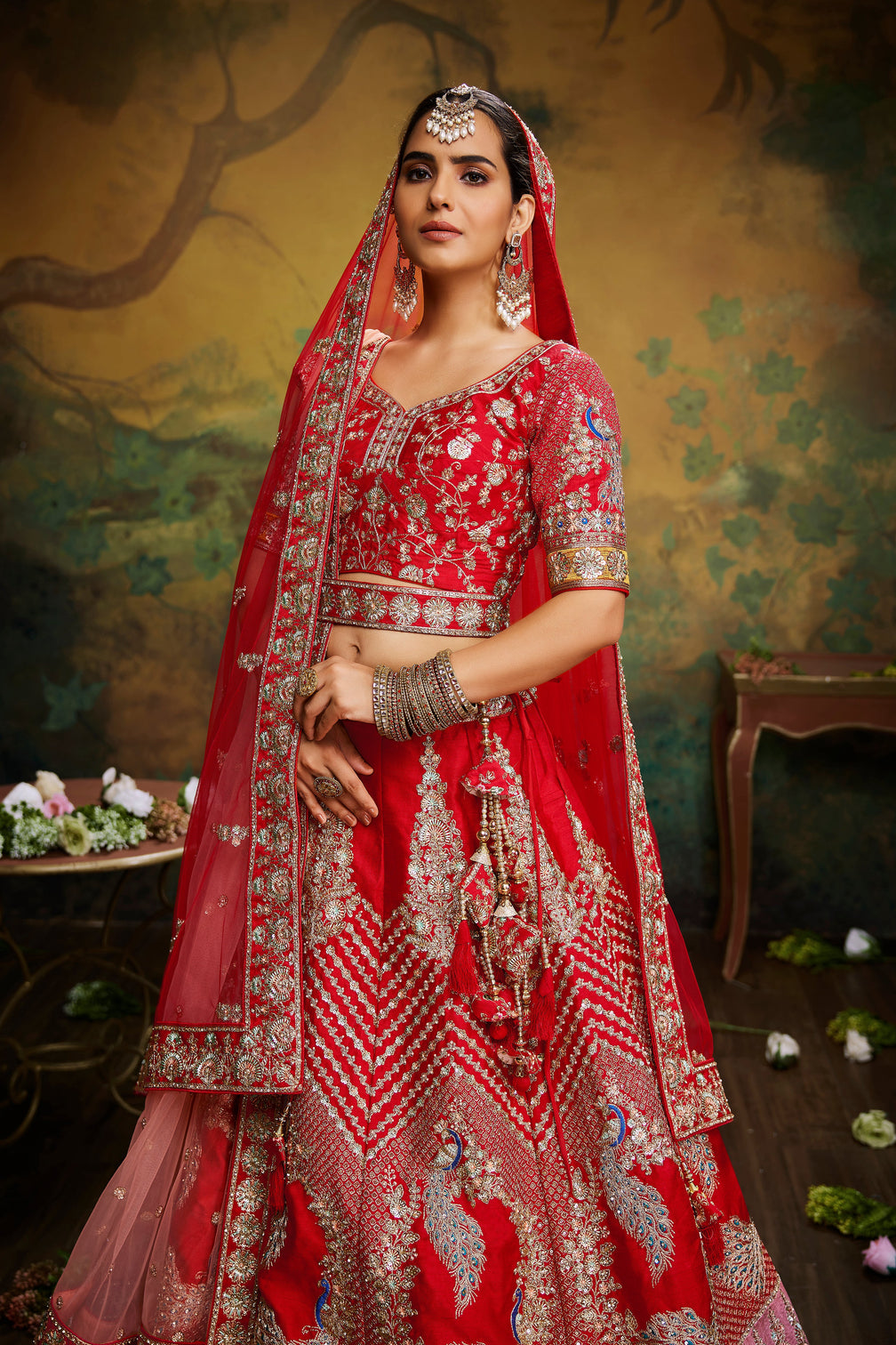 Red Pure Silk Moti & Zarkan heavy embroidery Semi-Stitched Lehenga choli & Dupatta