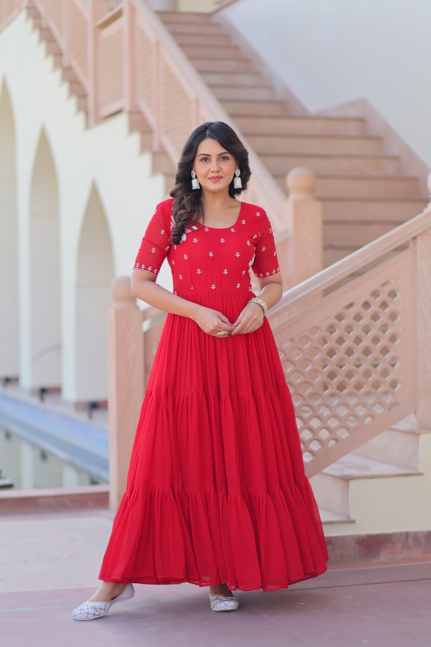 Red Radiant Faux Blooming Gown with Bead Embroidery & 12-Meter Flair – Full Stitched