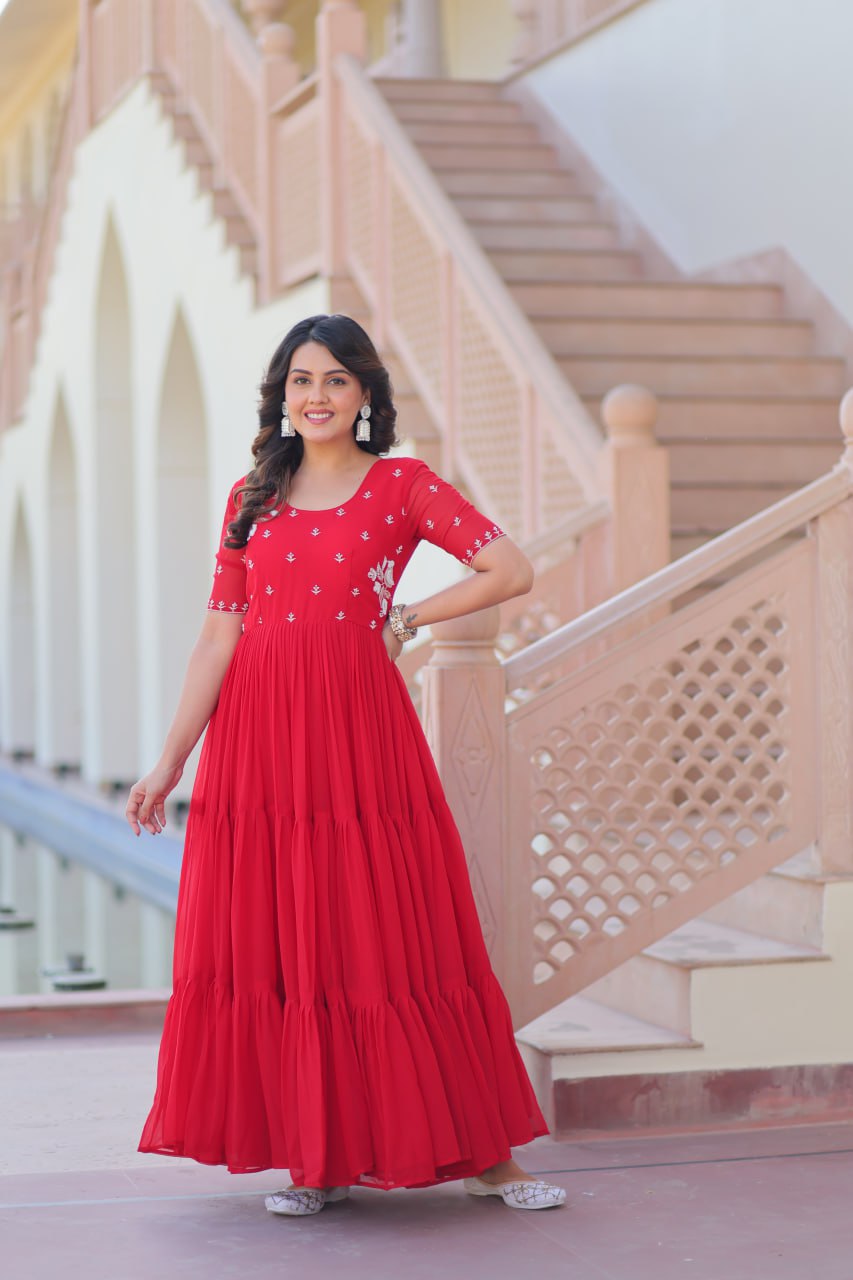Red Radiant Faux Blooming Gown with Bead Embroidery & 12-Meter Flair – Full Stitched