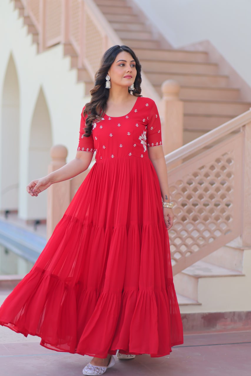 Red Radiant Faux Blooming Gown with Bead Embroidery & 12-Meter Flair – Full Stitched