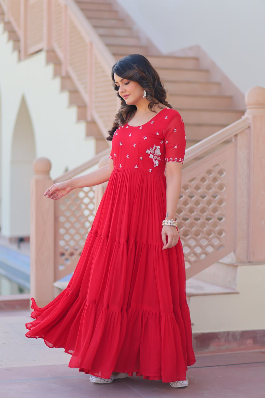 Red Radiant Faux Blooming Gown with Bead Embroidery & 12-Meter Flair – Full Stitched