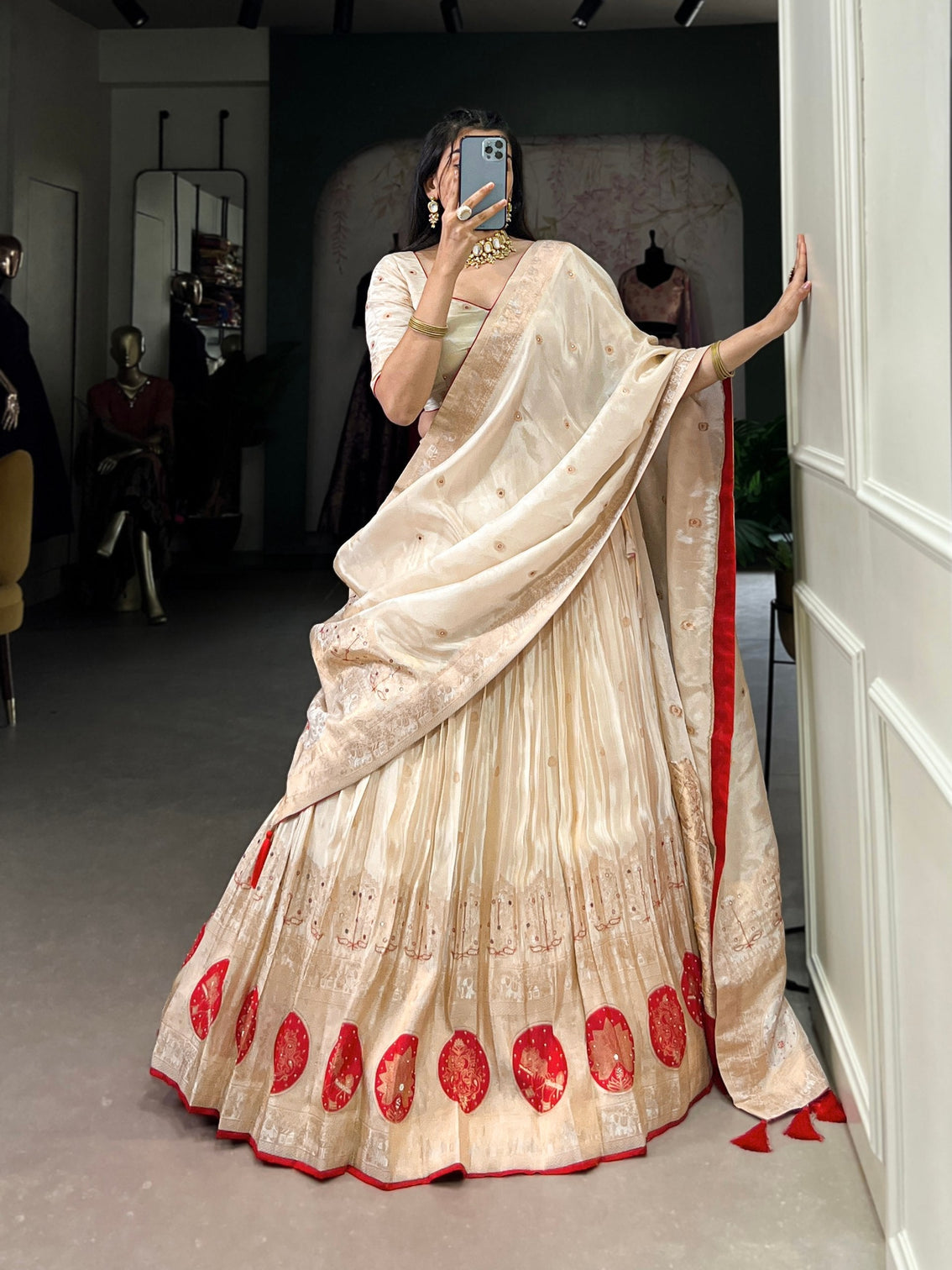 Red Radiant Shimmer Mirror & Beads Handwork Lehenga Set