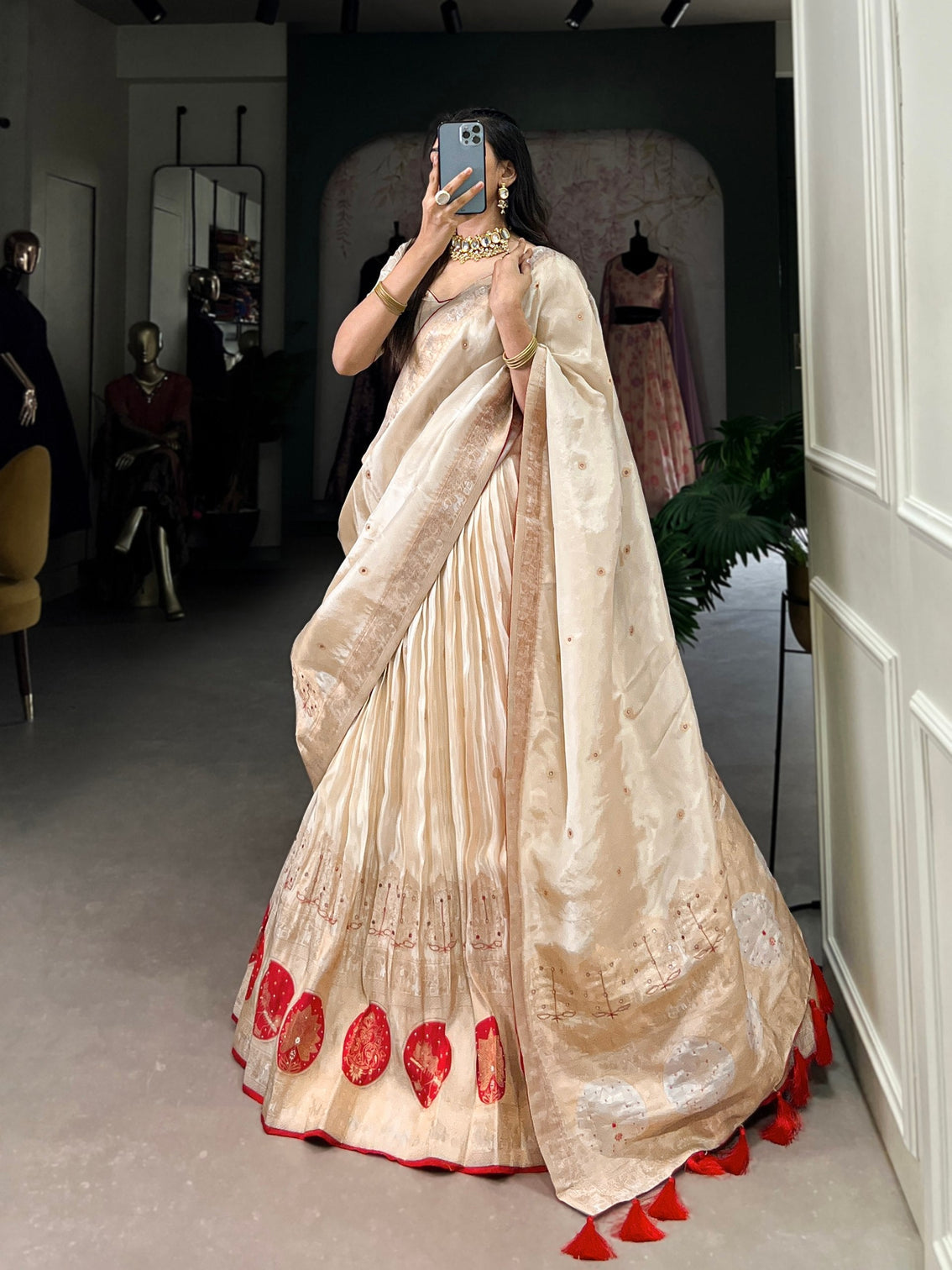 Red Radiant Shimmer Mirror & Beads Handwork Lehenga Set
