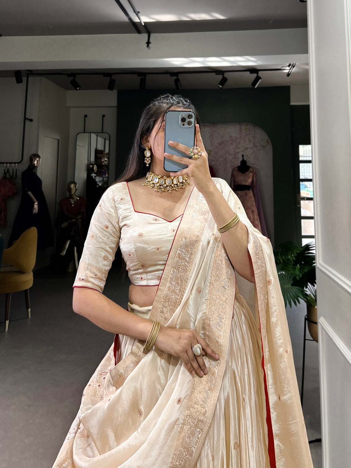 Red Radiant Shimmer Mirror & Beads Handwork Lehenga Set