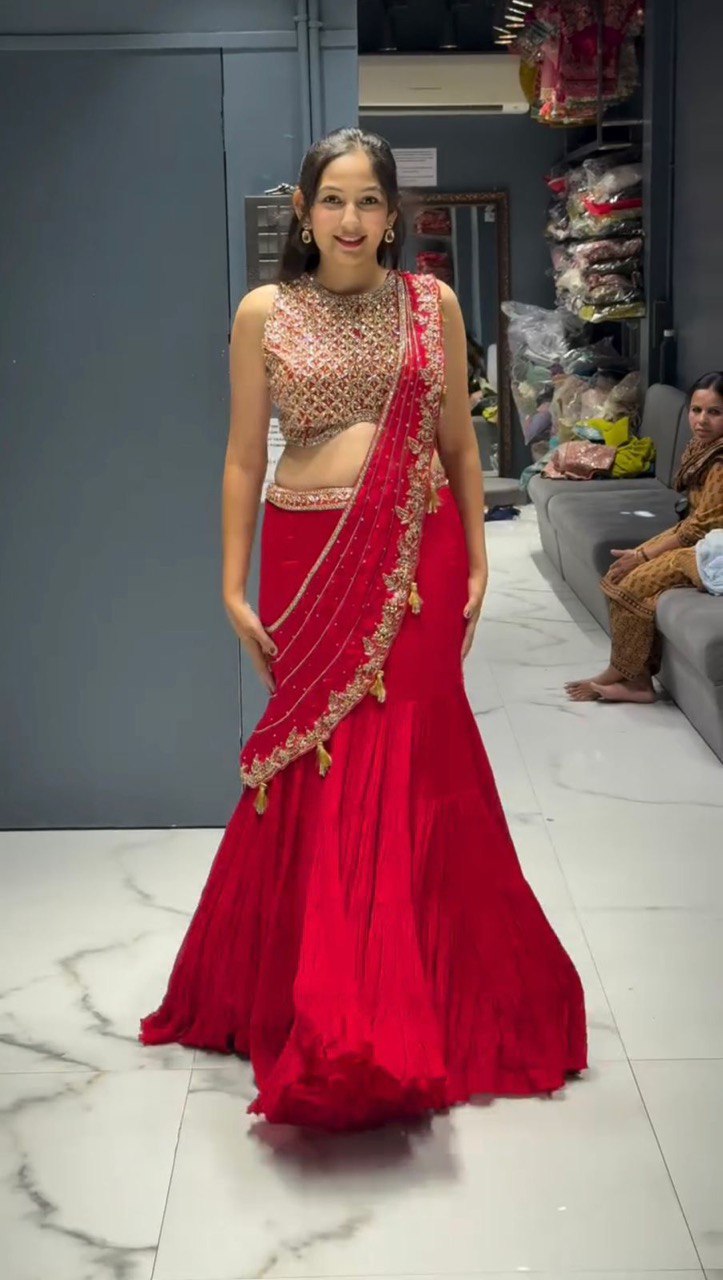 Red Ready-to-Wear Ruffle Style Georgette Lehenga Saree with Thread & Sequin Work