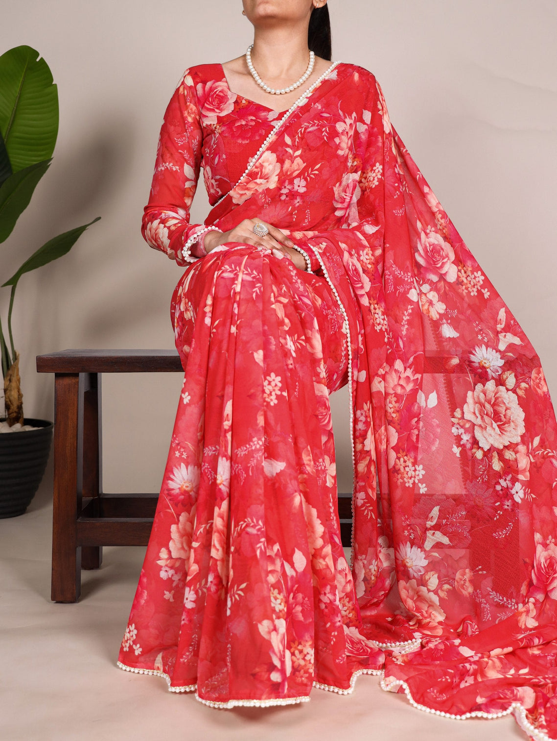 Red Refined Beauty Weightless Marble Printed Saree with Pearl Lace Border