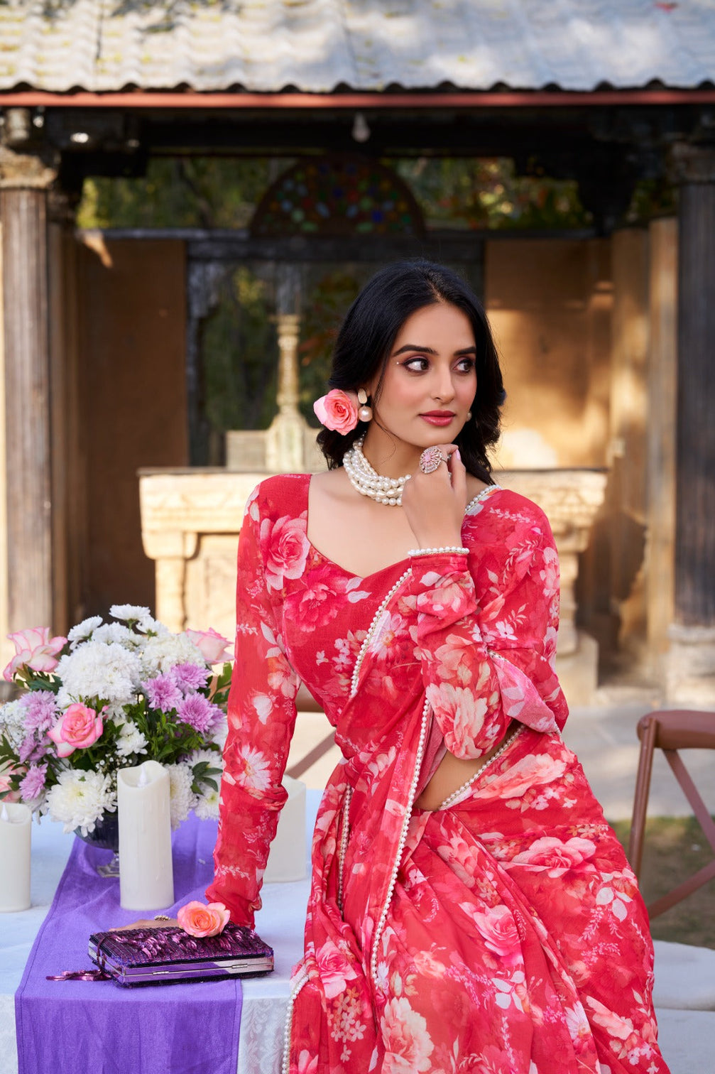 Red Refined Beauty Weightless Marble Printed Saree with Pearl Lace Border