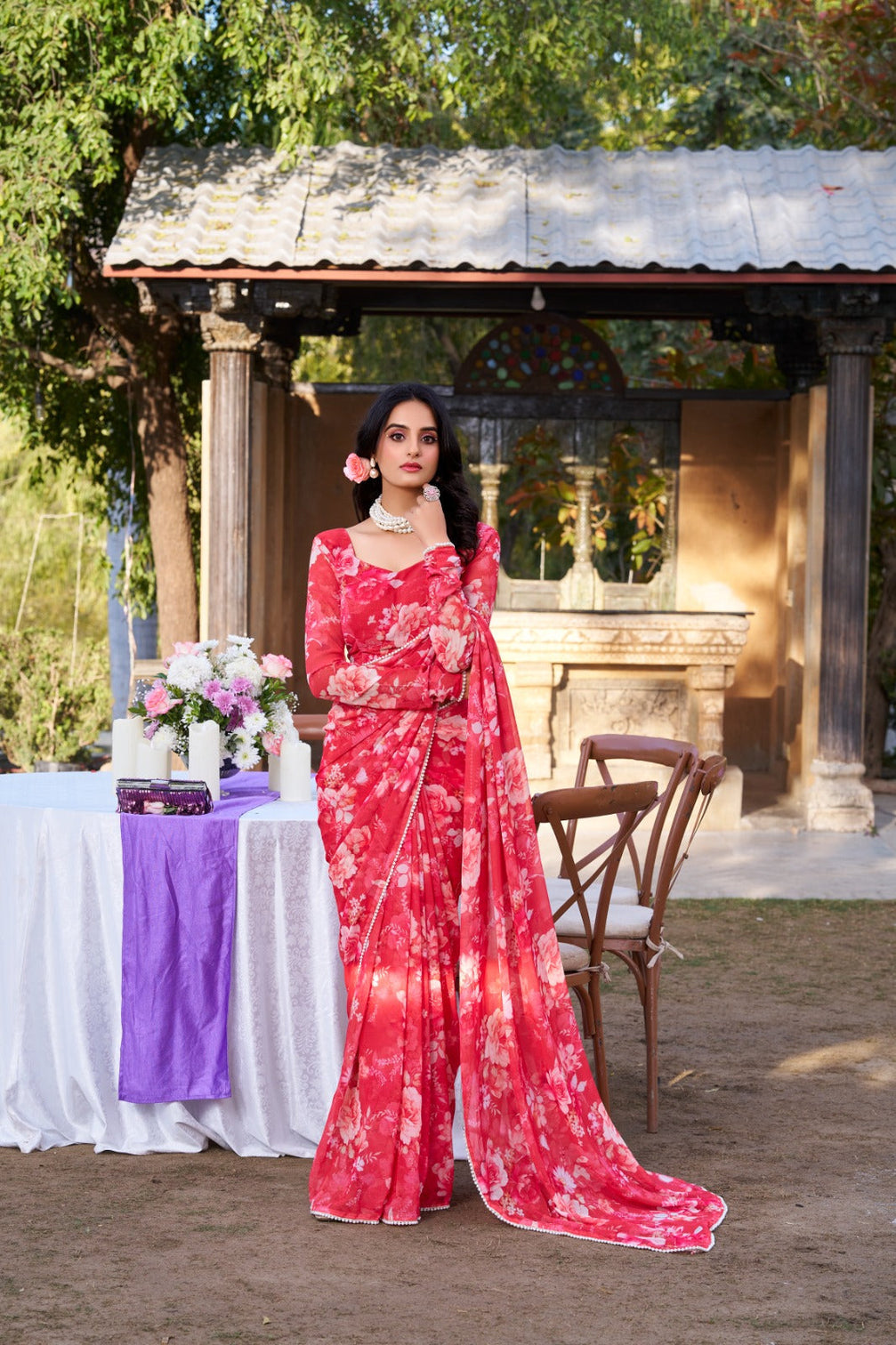 Red Refined Beauty Weightless Marble Printed Saree with Pearl Lace Border