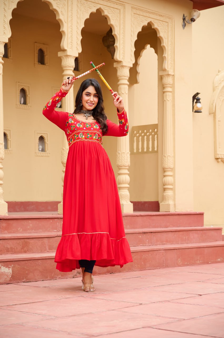Red Reyon Kurti with Kutchi Gamthi Work