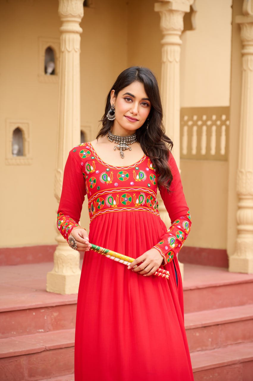 Red Reyon Kurti with Kutchi Gamthi Work