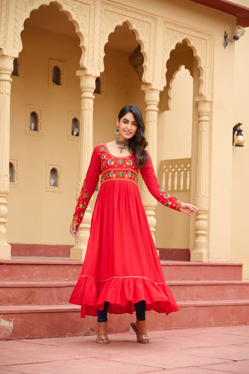 Red Reyon Kurti with Kutchi Gamthi Work