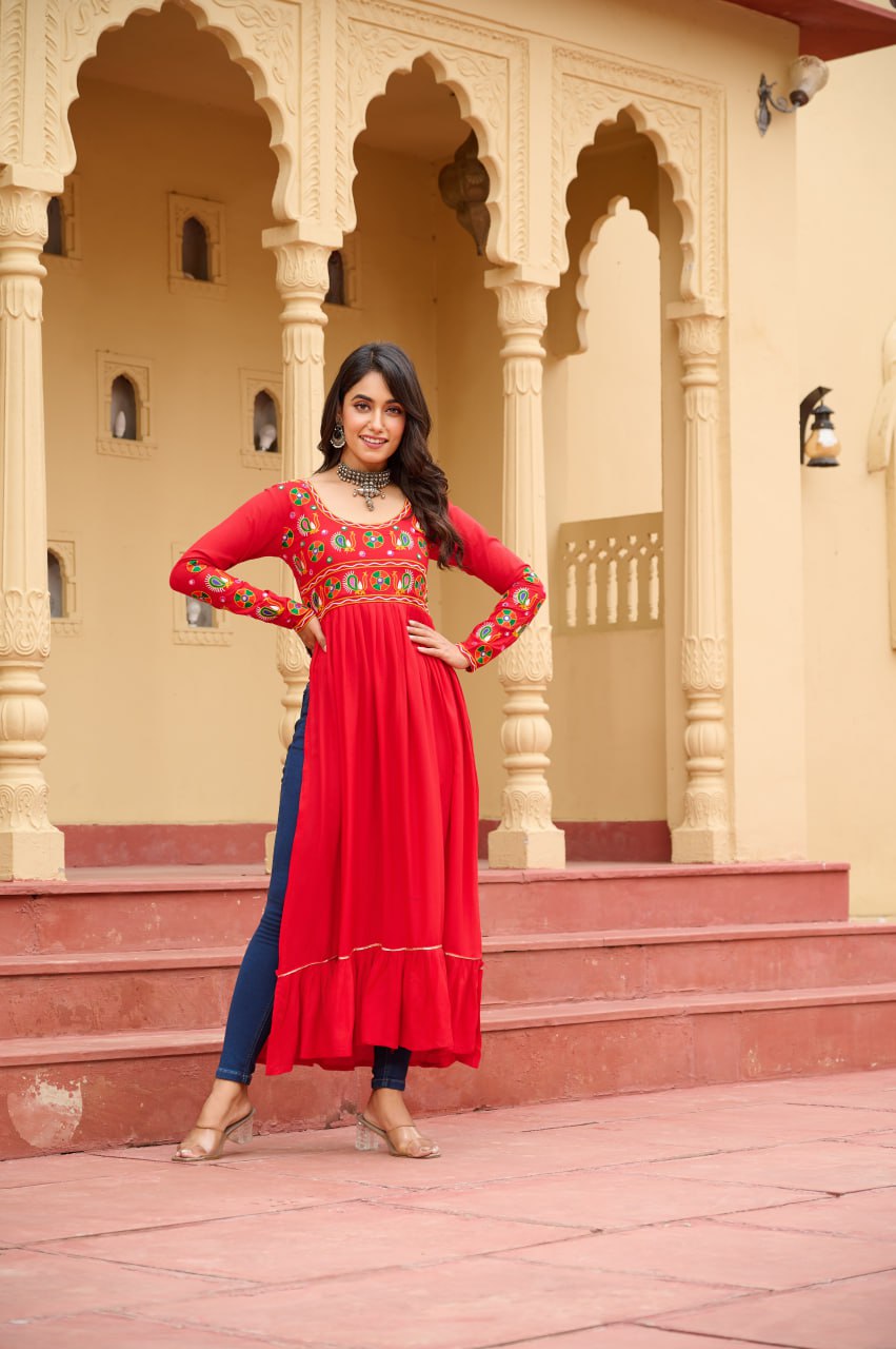 Red Reyon Kurti with Kutchi Gamthi Work