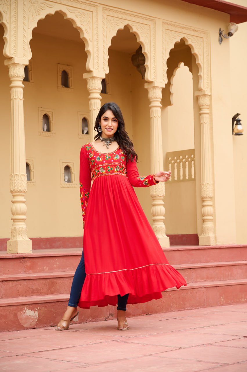 Red Reyon Kurti with Kutchi Gamthi Work