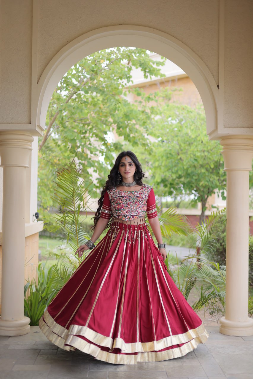 Red Reyon Lehenga Choli with Mirror work